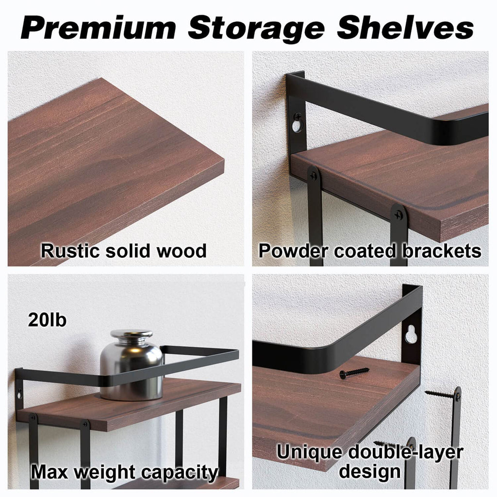 2+1 Tier Wall Mounted Floating Shelves Set of 2, Rustic Wood Shelf with Metal Frame, Extra Storage Rack with Tissue