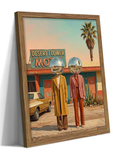 Vintage Surreal Desert Motel Canvas Wall Art, Disco Ball Head Figures Print