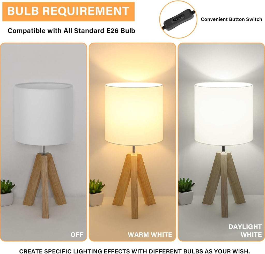 Small Beside Table Lamp, Wood Tripod Table Lamp with White Fabric Shade, Cute Boho Nightstand Minimalist Desk Lamp