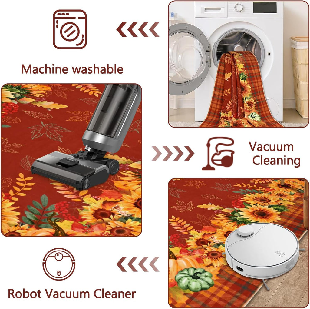 Fall Area Rug Sunflower Living Room Rug Pumpkin Plaid Washable Rugs Orange Bedroom Rugs Non Slip Soft Faux Wool