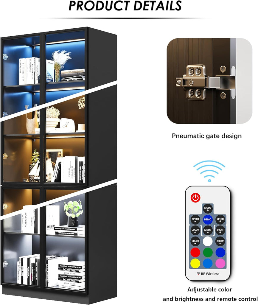Wooden Display Storage Cabinet with Glass Door, LED Lights,Showcase for Collections, Perfume, Vinyl Albums, Bookcase