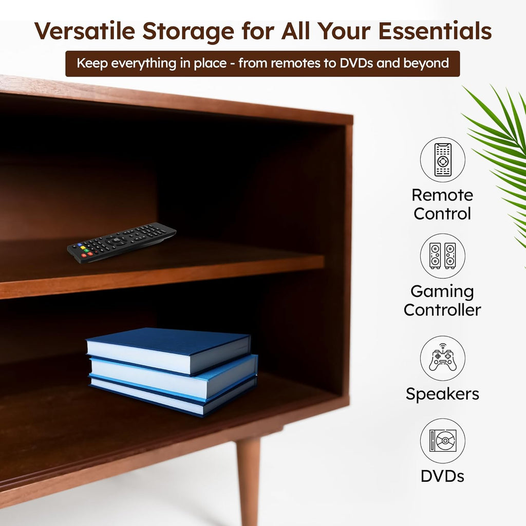 BTM Mid‑Century Modern TV Stand for 55-90‑Inch TVs, Walnut Sliding Door Entertainment Center, Adjustable Shelves with