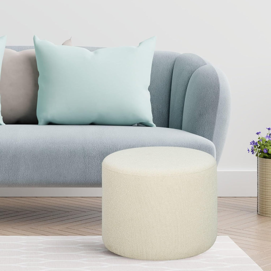 Wentworth 19" Round Ottoman, Urban Transitional, Fully Assembled, Soft Boucle Fabric, Snow
