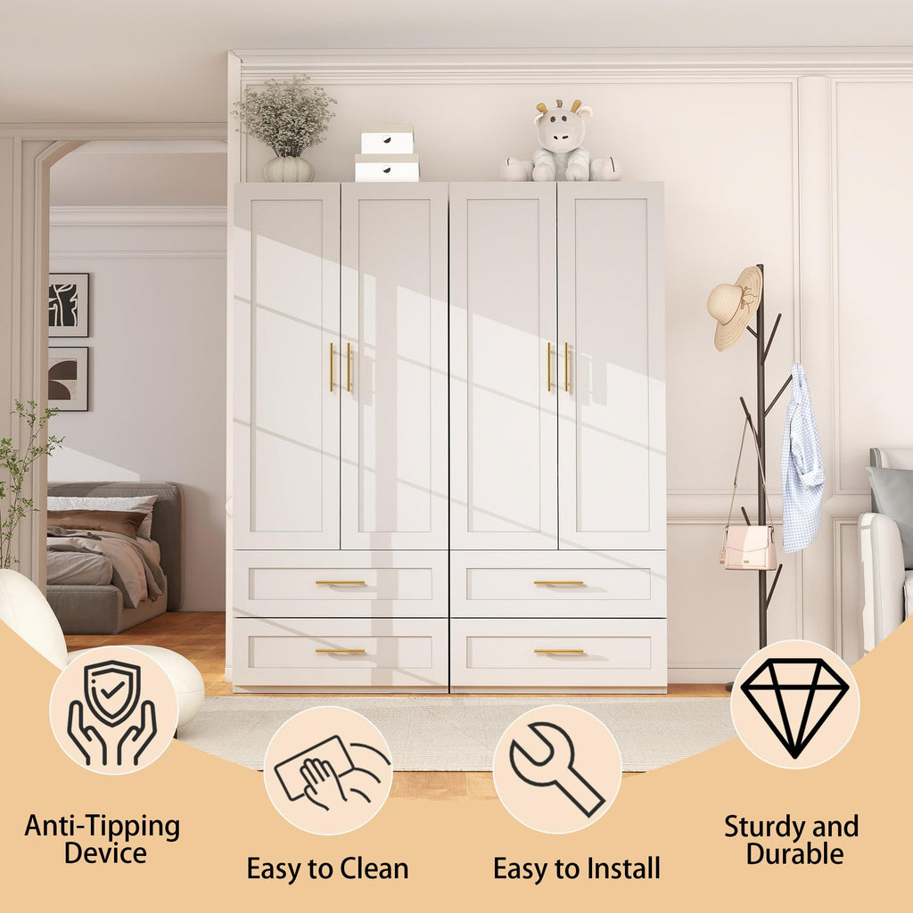 White Wardrobe with 4 Doors and 4 Drawers, 75" Tall x 63" Wide