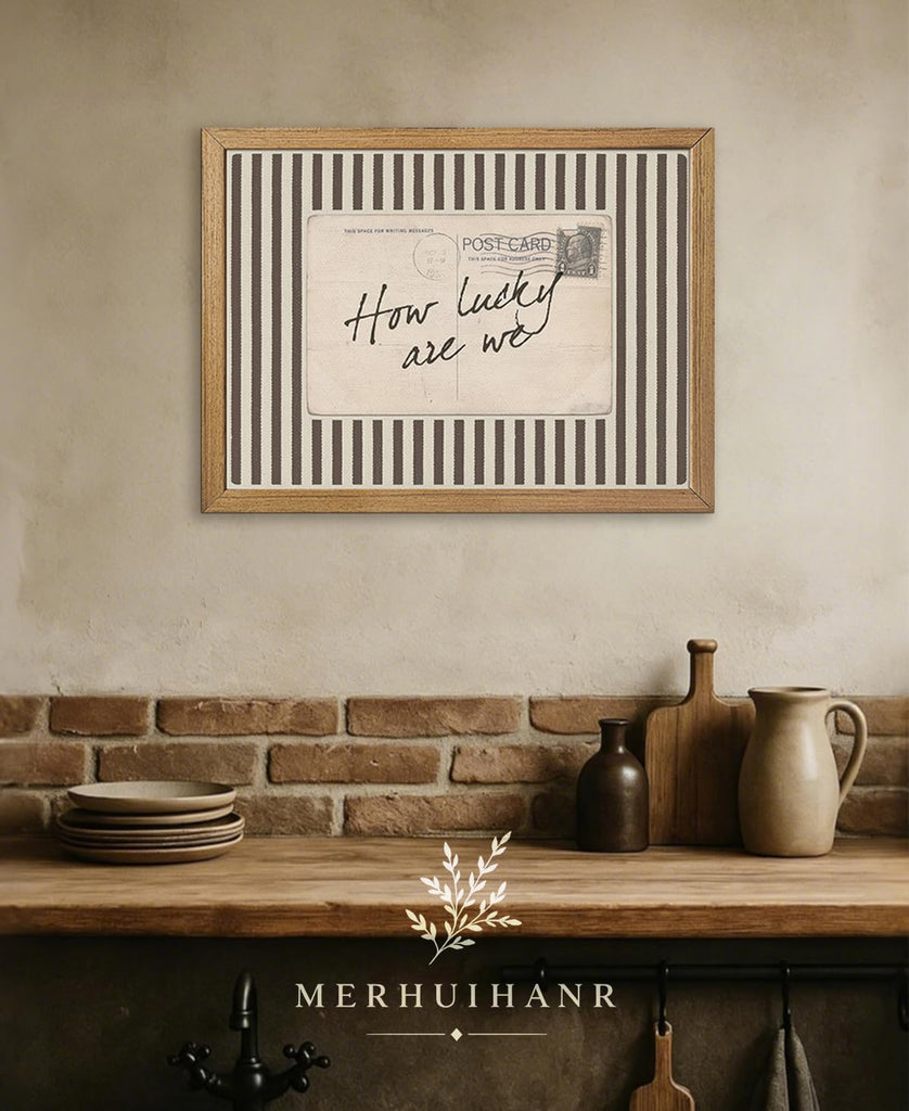 How Lucky Are We Wall Art, Wood Framed Postcard Poster with Positive Quote, Western, Old Money Brown Striped Decor