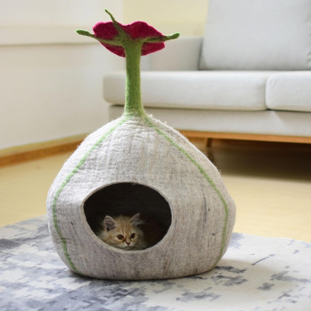 Top Flower Design Felt Cat Cave- Wool Cat Bed- Premium Pet Furniture