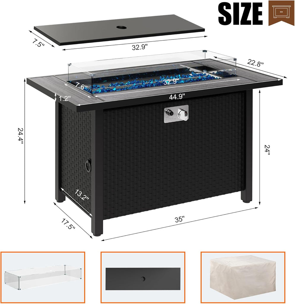 Walsunny 45 inch Outdoor Propane Fire Pit 50,000 BTU Gas Fire Pit Table with Lid, Glass Wind Guard, Waterproof Cover, Rectangle Gas Firepit Table for - Image 6