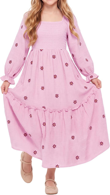 Girls Long Sleeve Boho Maxi Dress Fall Flowy A‐Line Dress