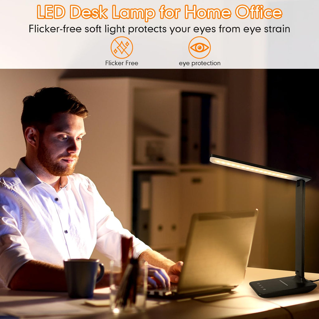 Crown LED Desk Lamp with 15W Wireless Charger & USB Port, Dimmable Table Lamp with 5 Lighting Modes, Sensitive Touch
