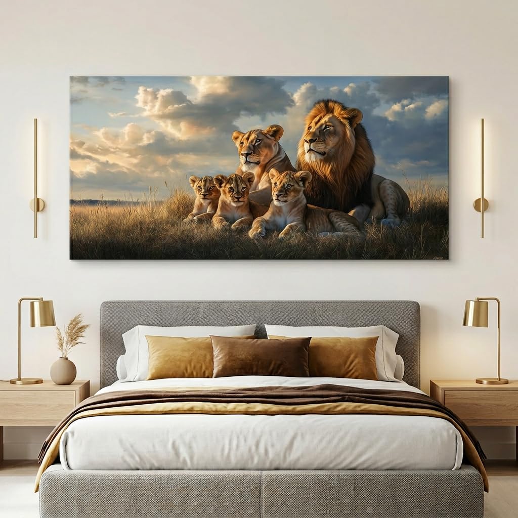 Blue Lion Family Wall Art Modern Canvas Painting Wildlife Landscape Animal Prints Artwork Office Hallway Bedroom