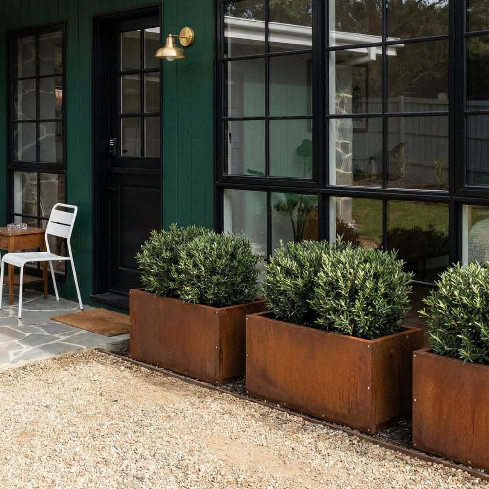 Corten Steel Rectangular Outdoor Planter Box, Rustic & Modern Farmhouse Design, Large Raised Metal Garden Bed for