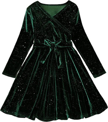 Girl's Velvet Glitter Wrap V Neck Long Sleeve A Line Party Dress