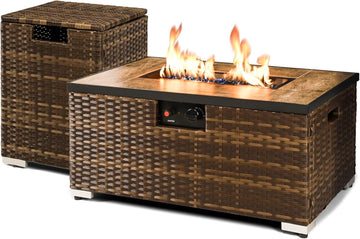 32'' Rattan Wicker Propane Fire Pit Table w/Tank Holder Rectangle | Handmade 2-Piece Wicker Fire Table for Outside