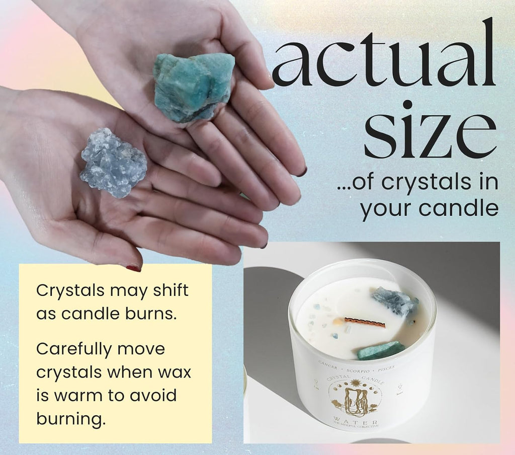 Pisces, Cancer, Scorpio Gifts for Women, Wood Wick Crystal Soy Candle | Blue Calcite & Amazonite crystals