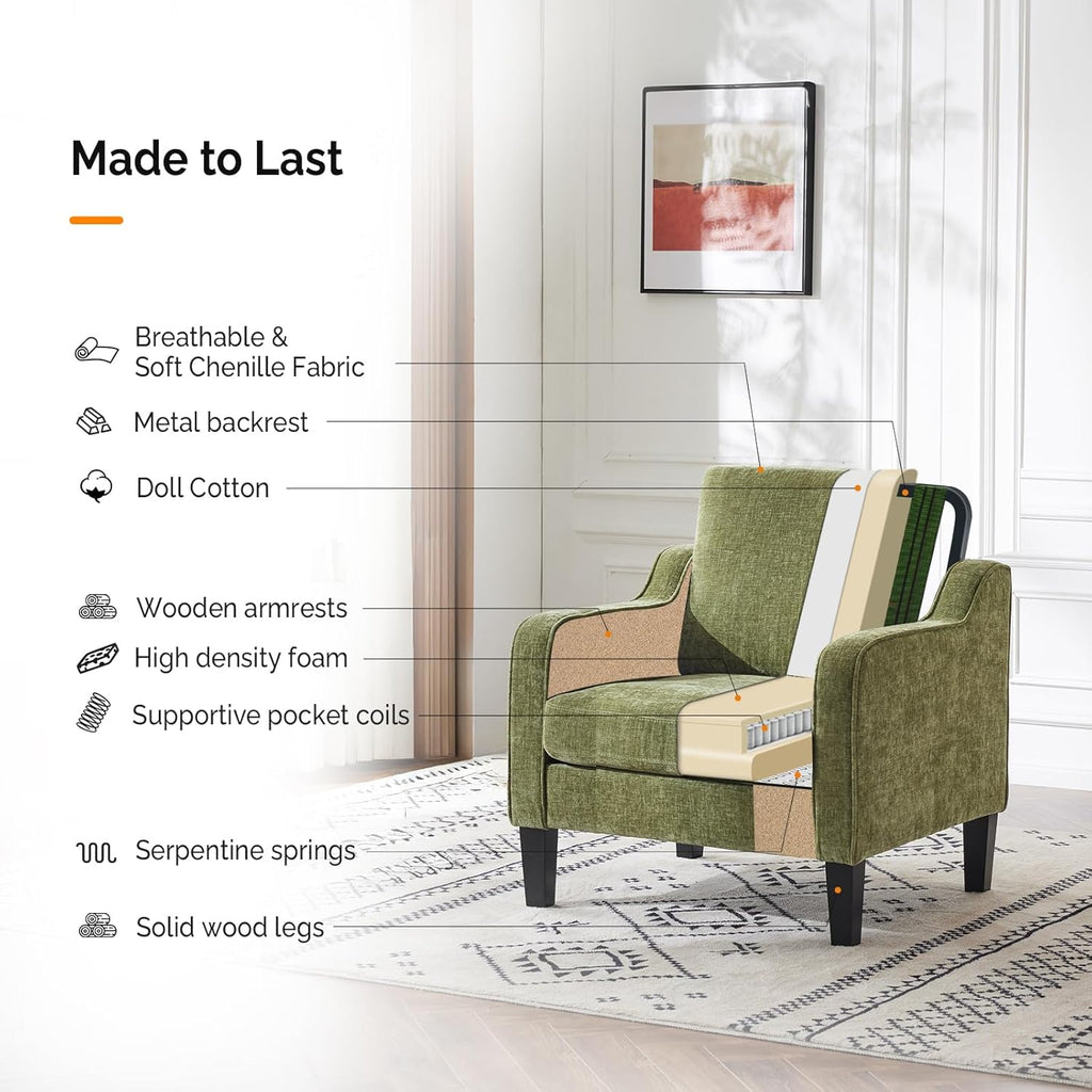 Chair Olive Green Upholstered Chenille Accent Chair , Mid-Century Modern Arm Chair Comfy Reading Chair with Scooped