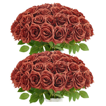 50pcs Burnt Orange Roses Artificial Flowers Bulk, Fake Roses Silk Flower with Stems Realistic Flowers for Wedding