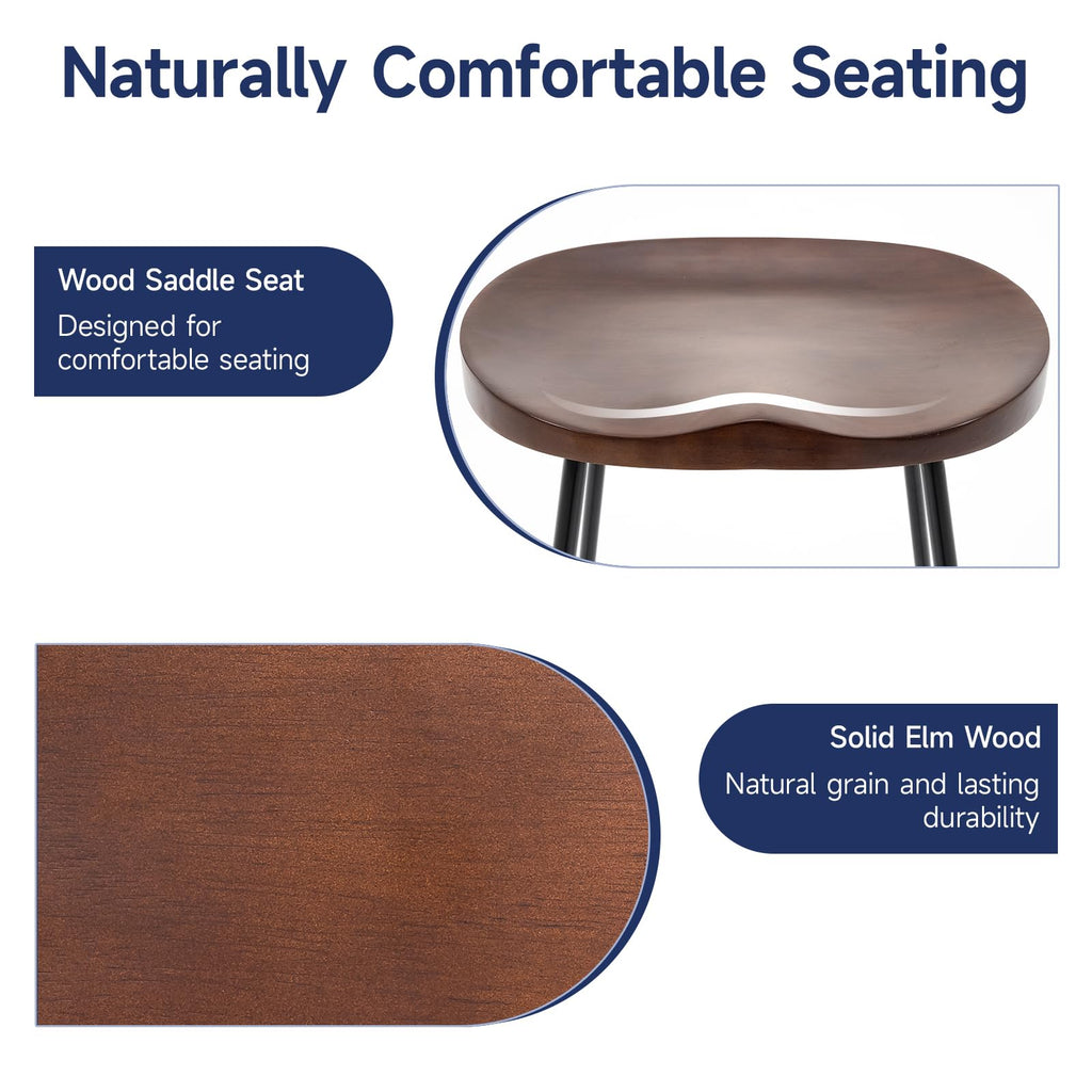 Bar Stools Set of 2, 24'' Counter Height Rustic Wooden Saddle Seat Walnut
