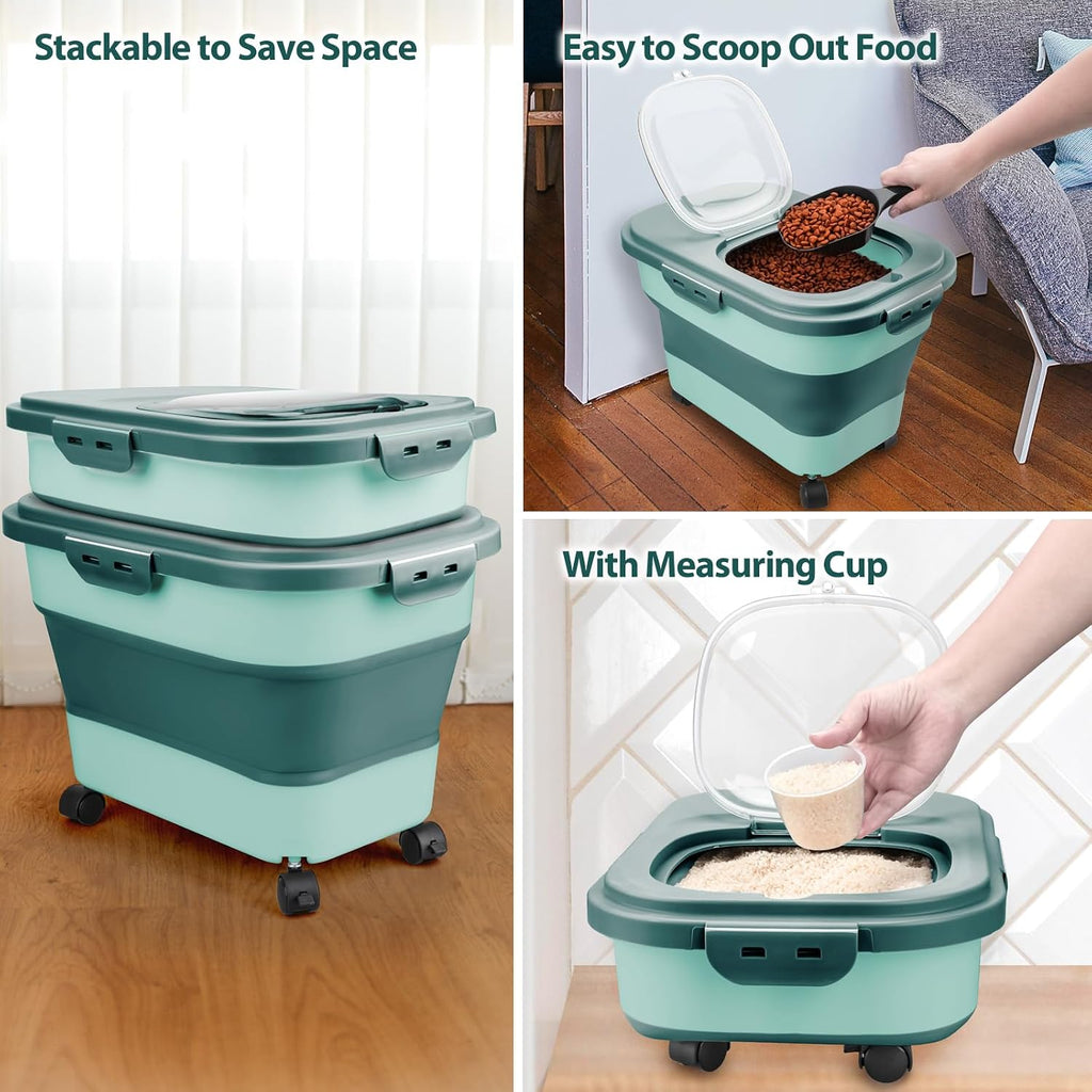Dog Food Storage Container, 10-20Lbs Collapsible Pet Food Storage Containers with Rolling Wheel Airtight Locking Lid