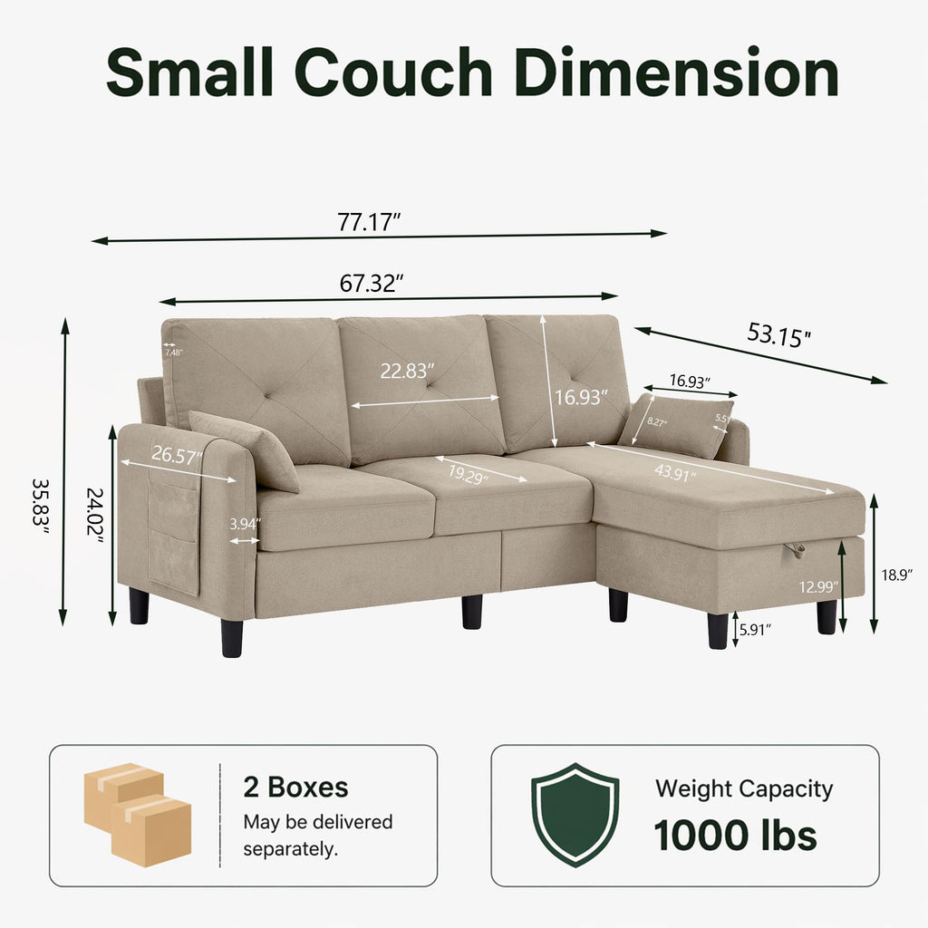 77" Small L Shaped Sectional Sofa Couches, Beige