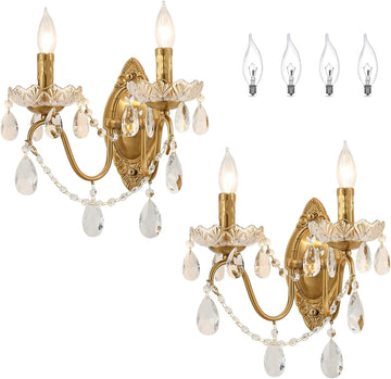 Crystal Wall Sconce Set of 2, Crystal wall sconces, Vintage wall sconces, Gold Brass Finish with Glass Drops, for