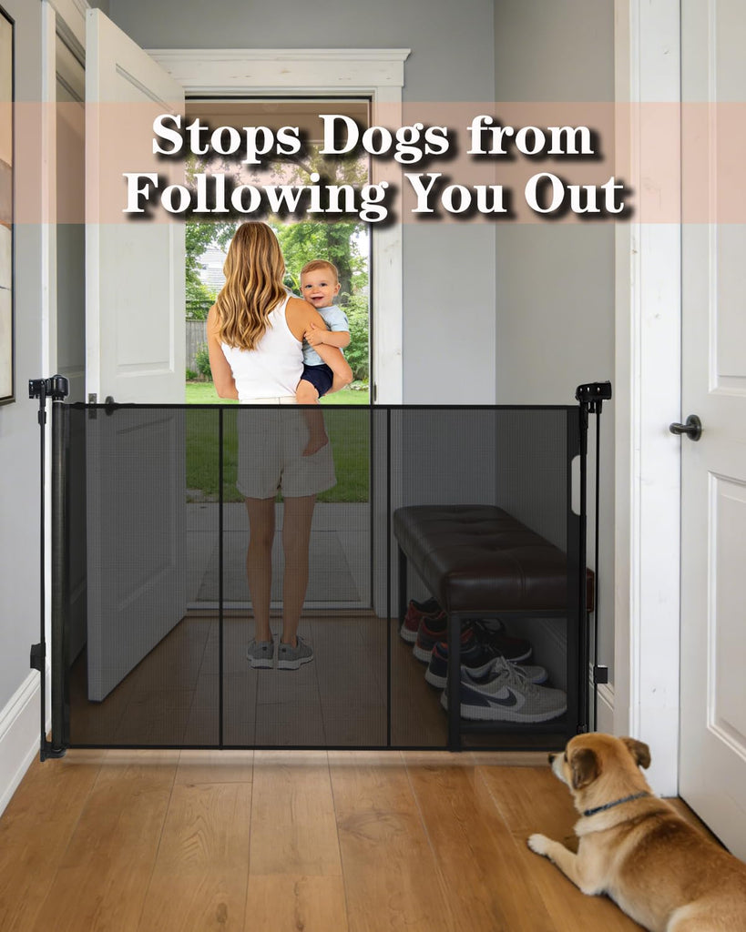 80" Wide Retractable Baby Gate for Stairs, 42" Extra Tall Retractable Dog Pet Gate with Support Rods, Mesh Screen