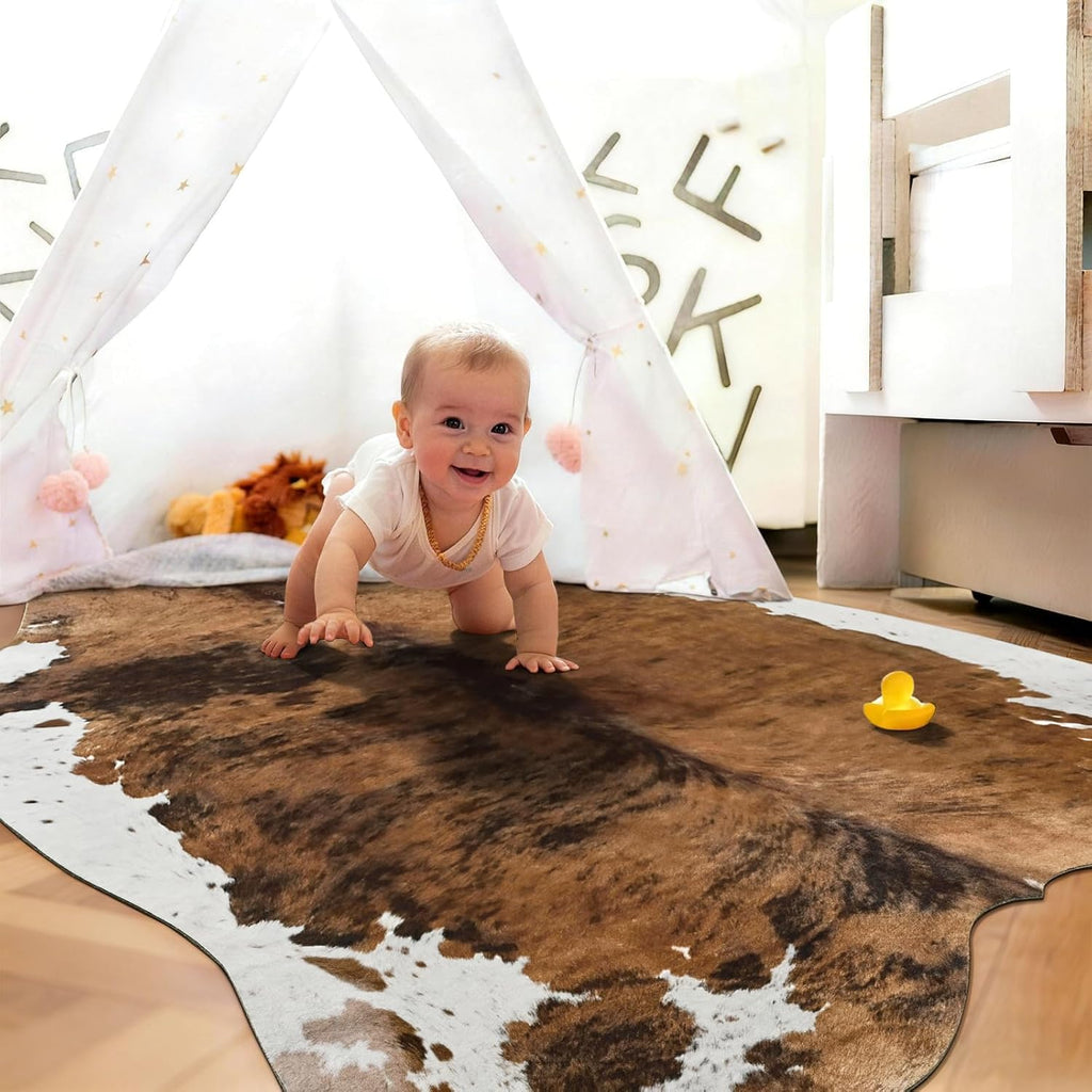 Faux Cowhide Print Rug, 4. .2 ft Brown Western Animal Cow Hide Rugs, Non Slip Cool Cow Skin Carpet Dining Room