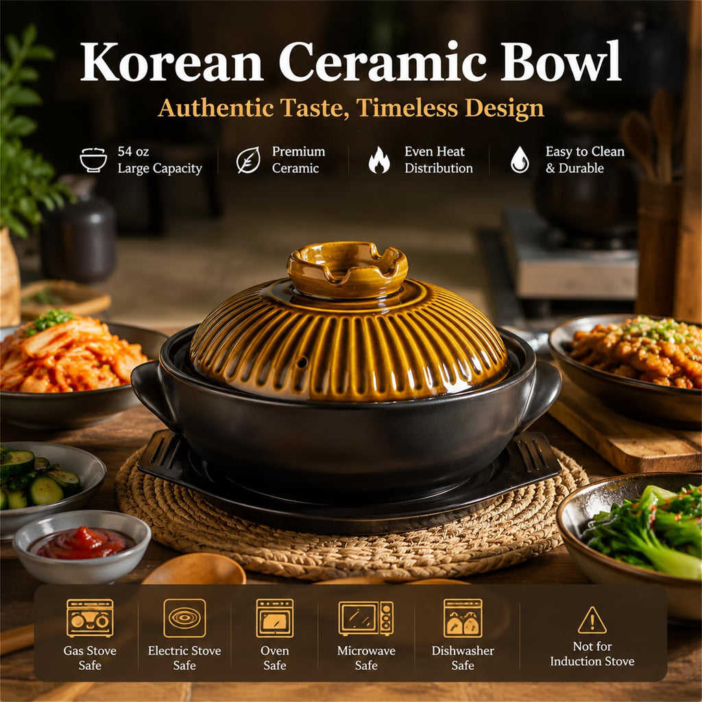 Large Korean Ceramic Bowl with Lid and Platter, 54 oz Clay Pot for Cooking, Sizzling Hot Pot for Dolsot Bibimbap