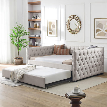 Daybed with Trundle, Modern Upholstered Full Size Button-Tufted Sofa Bed Frame with A Roll-Out Trundle, No Box Spring