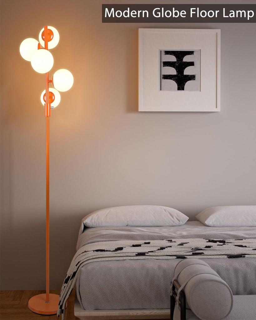 5-Globe Dimmable Globe Floor Lamp Orange Retro Standing Lamps with 5Pcs Bulbs Included Brightness Adjustable Mid