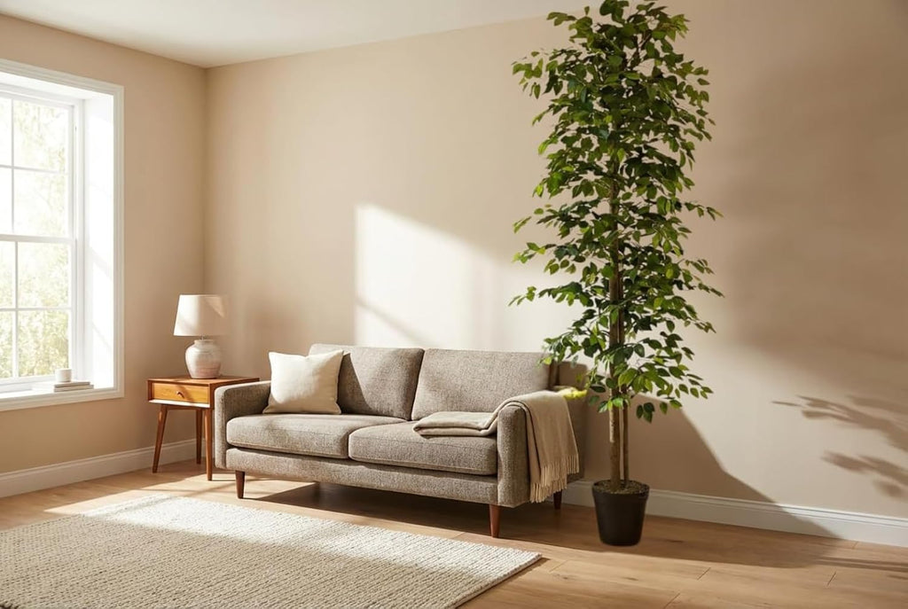 10ft Artificial Ficus Tree in Black Plastic Pot - Real Wood Trunk, No Maintenance Indoor Faux Plant - Living Room