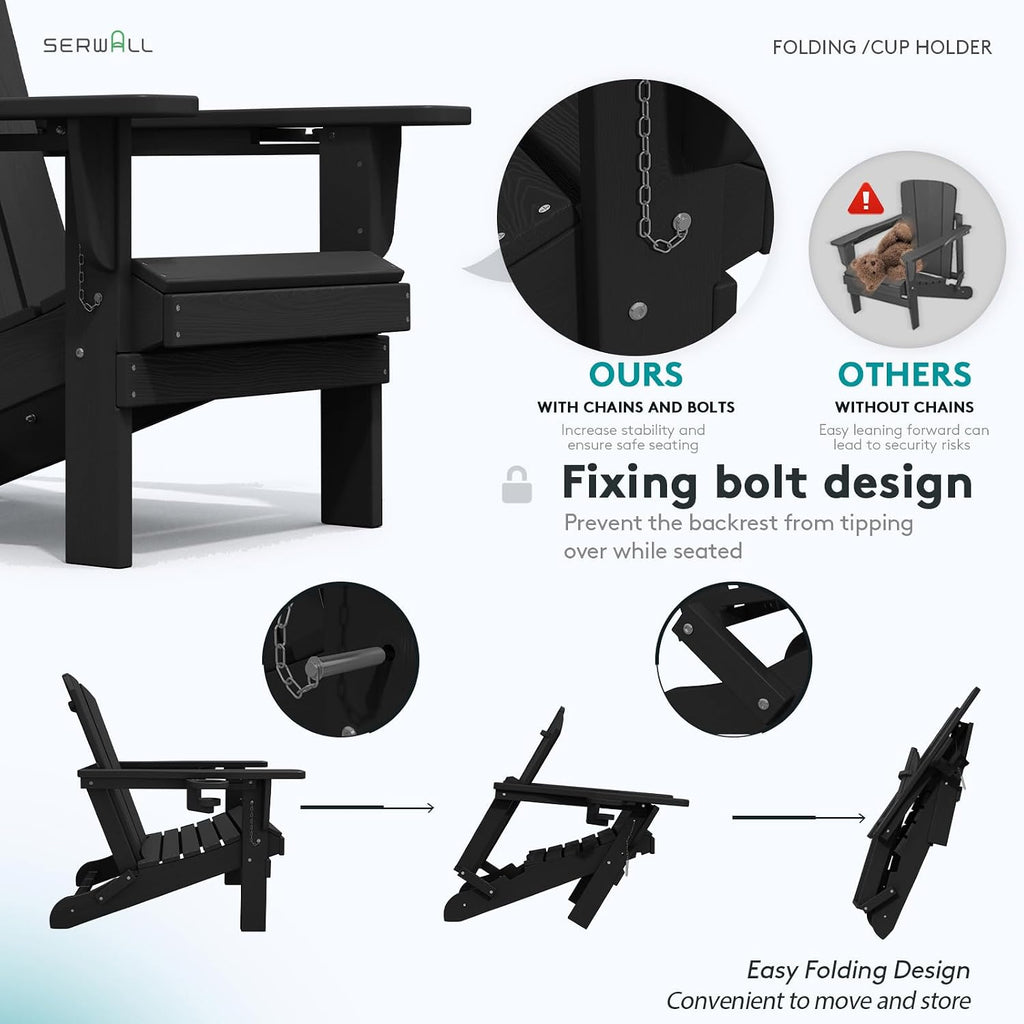 Outdoor Adirondack Chair Set of 2 with 2 Cup Holders,Foldable,Black | HDPE Composite,Waterproof,Wood Grain,Cup &