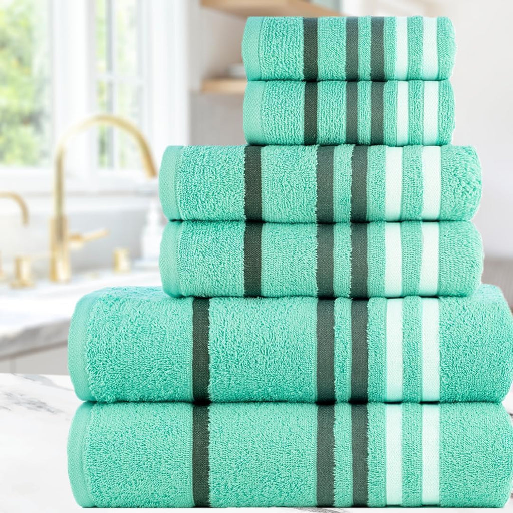 Exotic 6Pcs 100% Egyptian Cotton Large Designer Towels Gift Set- Blue-Green - 2Bath 2Hand 2Washcloths, Bath