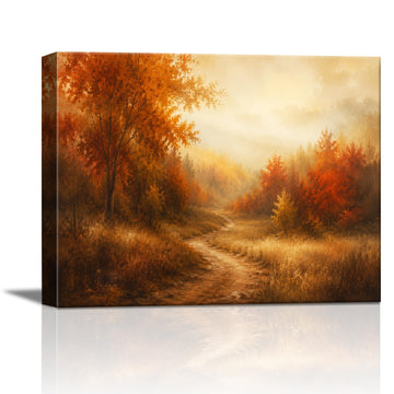 Autumn Forest Path Canvas Wall Art, Rustic Farmhouse Wall Art Painting