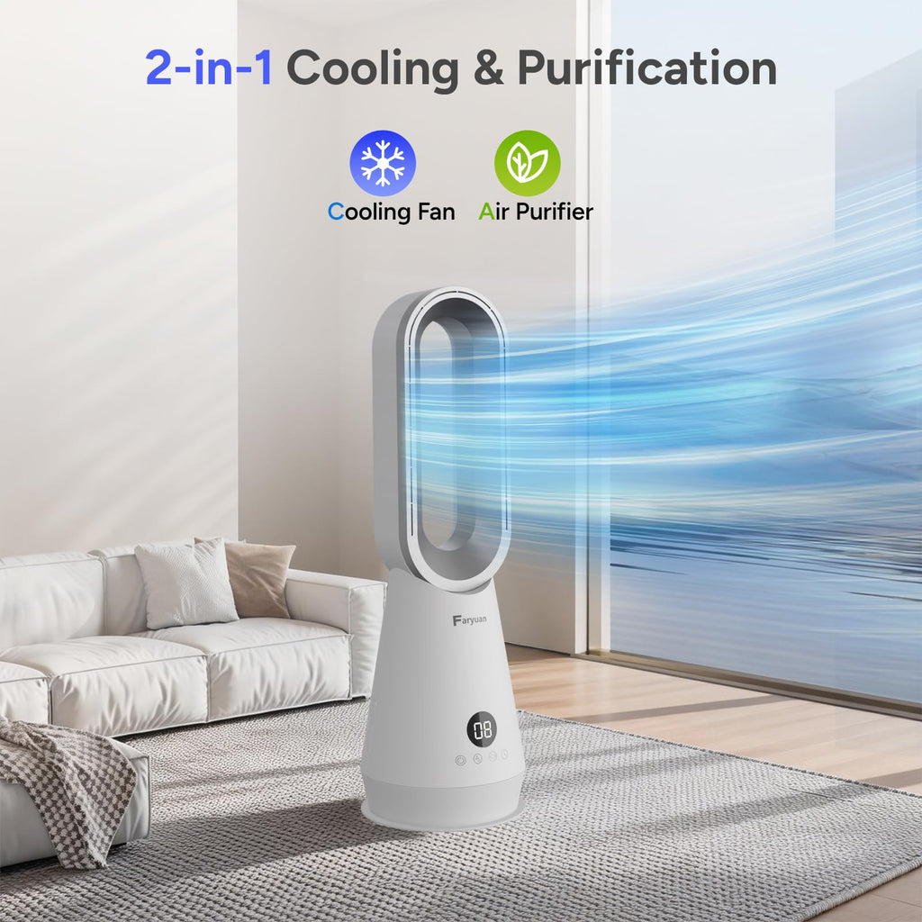2-in-1 Bladeless Tower Fan, 22 Inch Cooling Fan with Air Purifier, 90° Oscillating, 8 Speeds, Remote, 9H Timer, Quiet