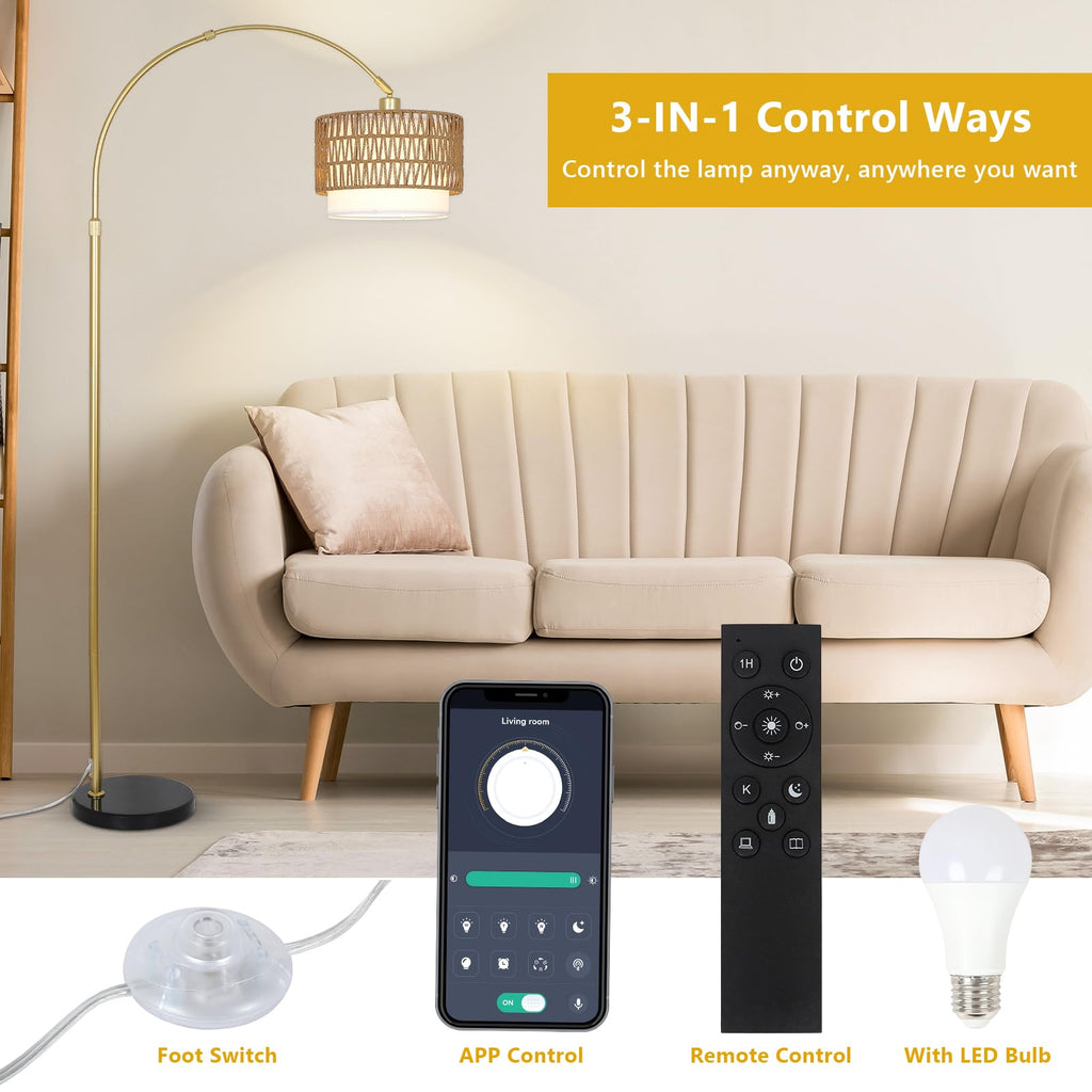 Arc Floor Lamp with Rattan & Linen Shades, Gold Floor Lamp with Remote & Dimming Bulb, Rustic Standing Lamp with 3
