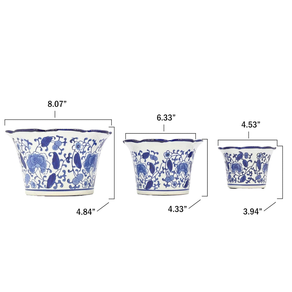Blue & White Floral Porcelain Ceramic Decorative Flower Pot 8"/6"/4.5" Garden Pots Chinese Asian Design - Set of 3