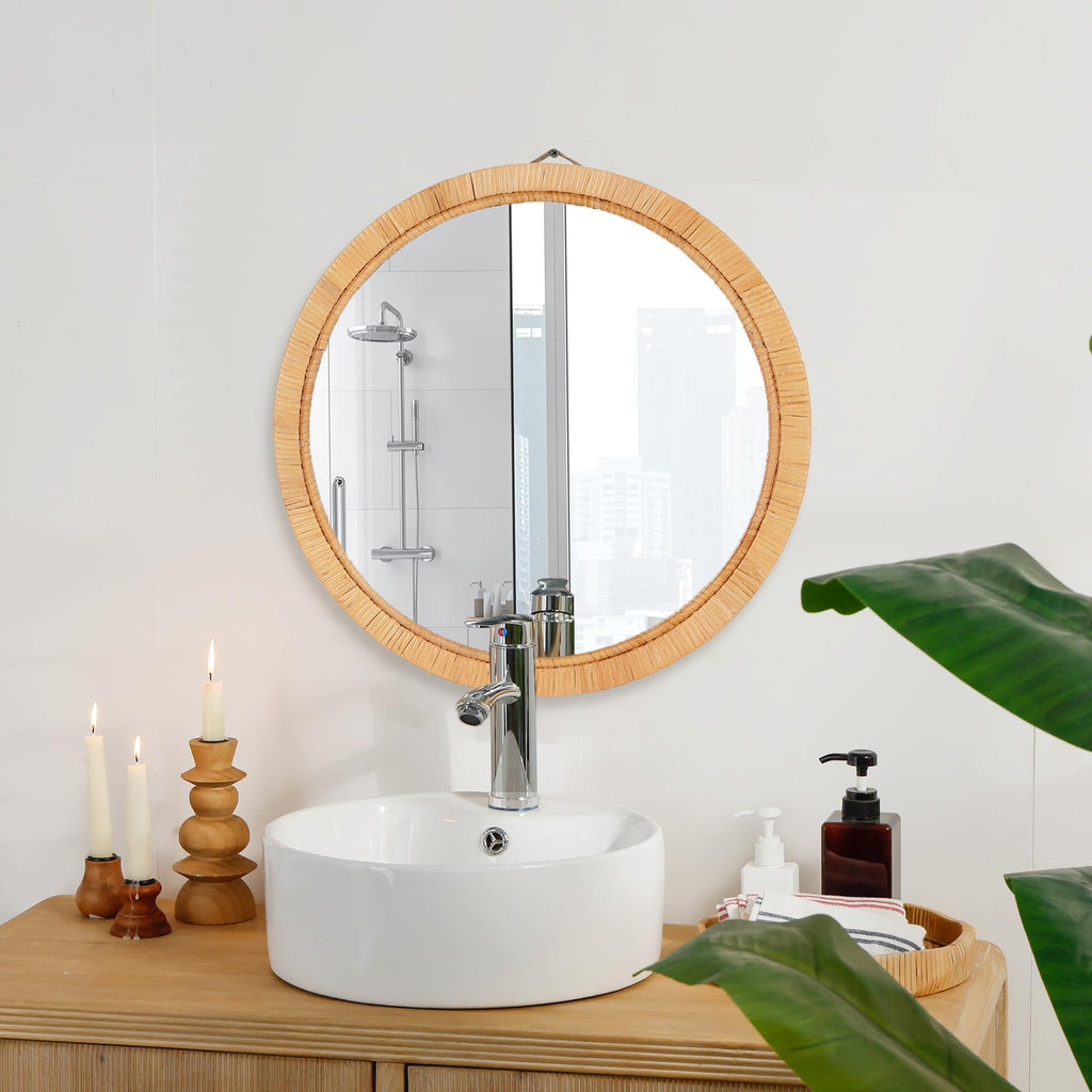 Rattan Wall Mirror - 20" Boho Round Bathroom Mirror Decorative Farmhouse Circle Mirror for Vanity Entryway Living