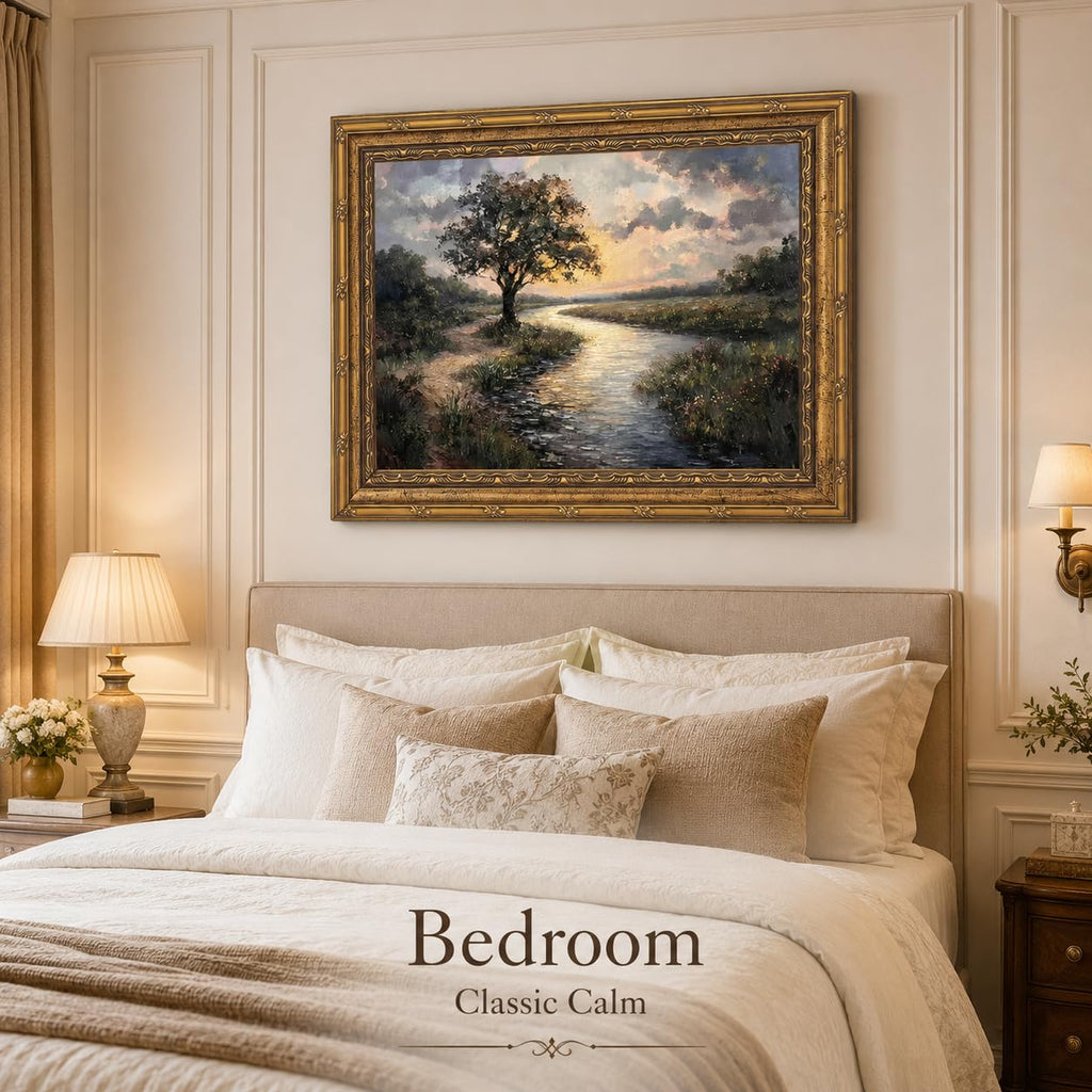 Gold Framed Canvas Wall Art, Serene River Tree Sunset Landscape Painting, Classic Countryside Picture Poster Prints