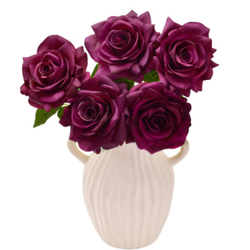 Real Touch Plum Burgundy Artificial Roses, 5 Pcs Faux Silk