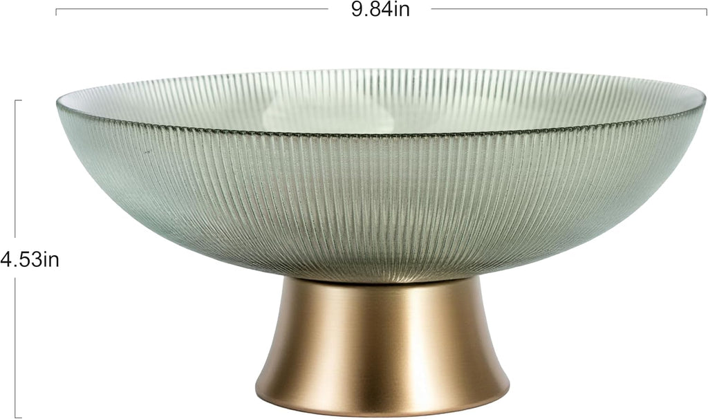 Round Glass Decorative Bowl (Green), 9.8 Inches Handblown Striped Design Glass Bowl with Rust Resistant Metal