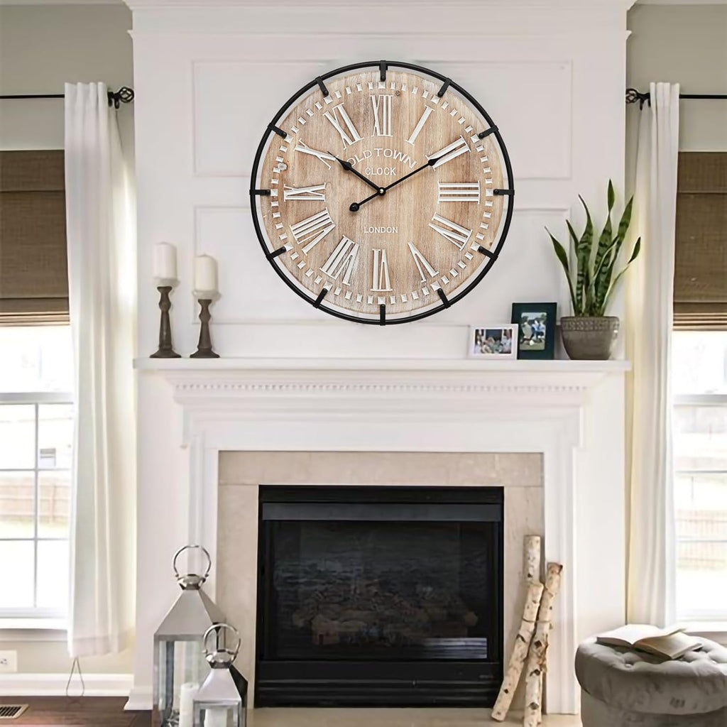24 Inch Grand Farmhouse Wall Clock, Vintage-Inspired Wood & Metal Design with Large Etched Numbers