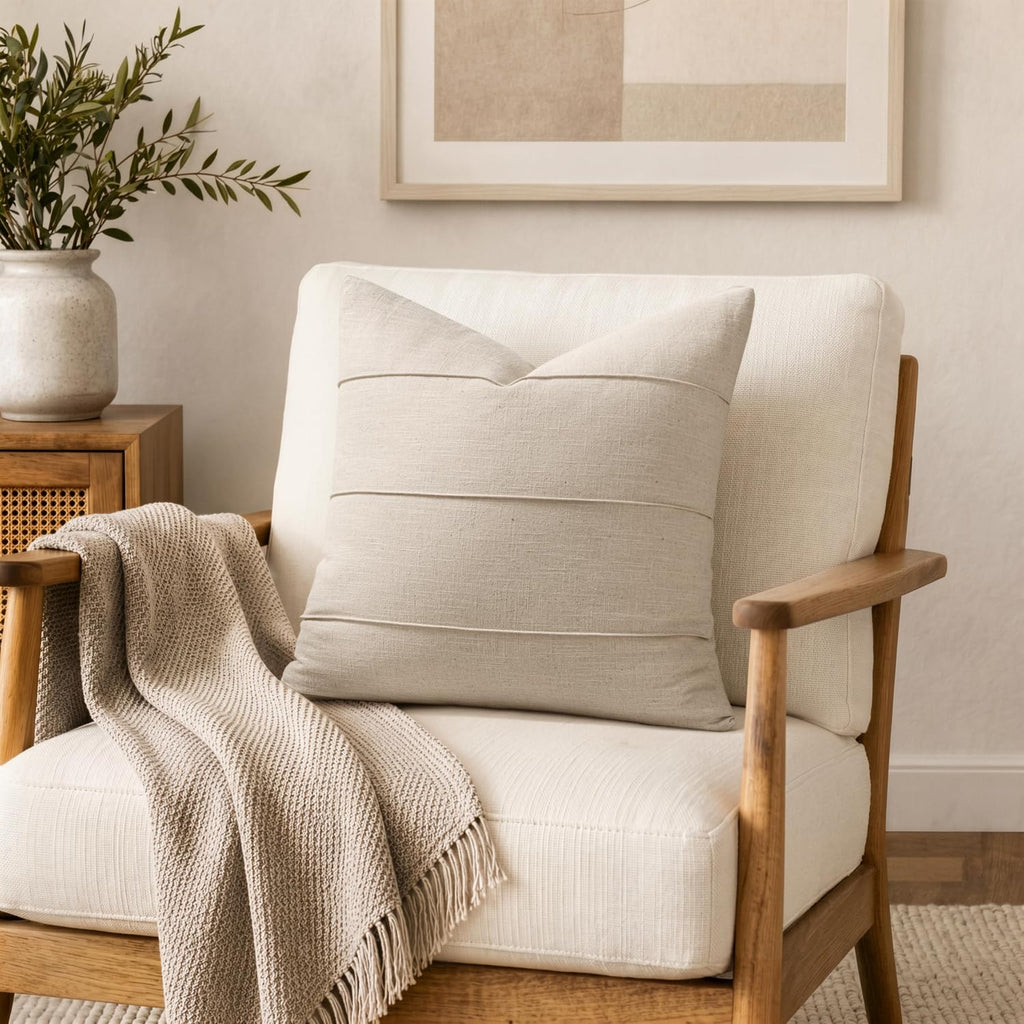 Decorative Linen Throw Pillow Covers 18x18 Natural Beige Striped
