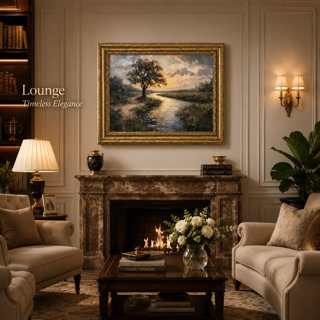 Gold Framed Canvas Wall Art, Serene River Tree Sunset Landscape Painting, Classic Countryside Picture Poster Prints