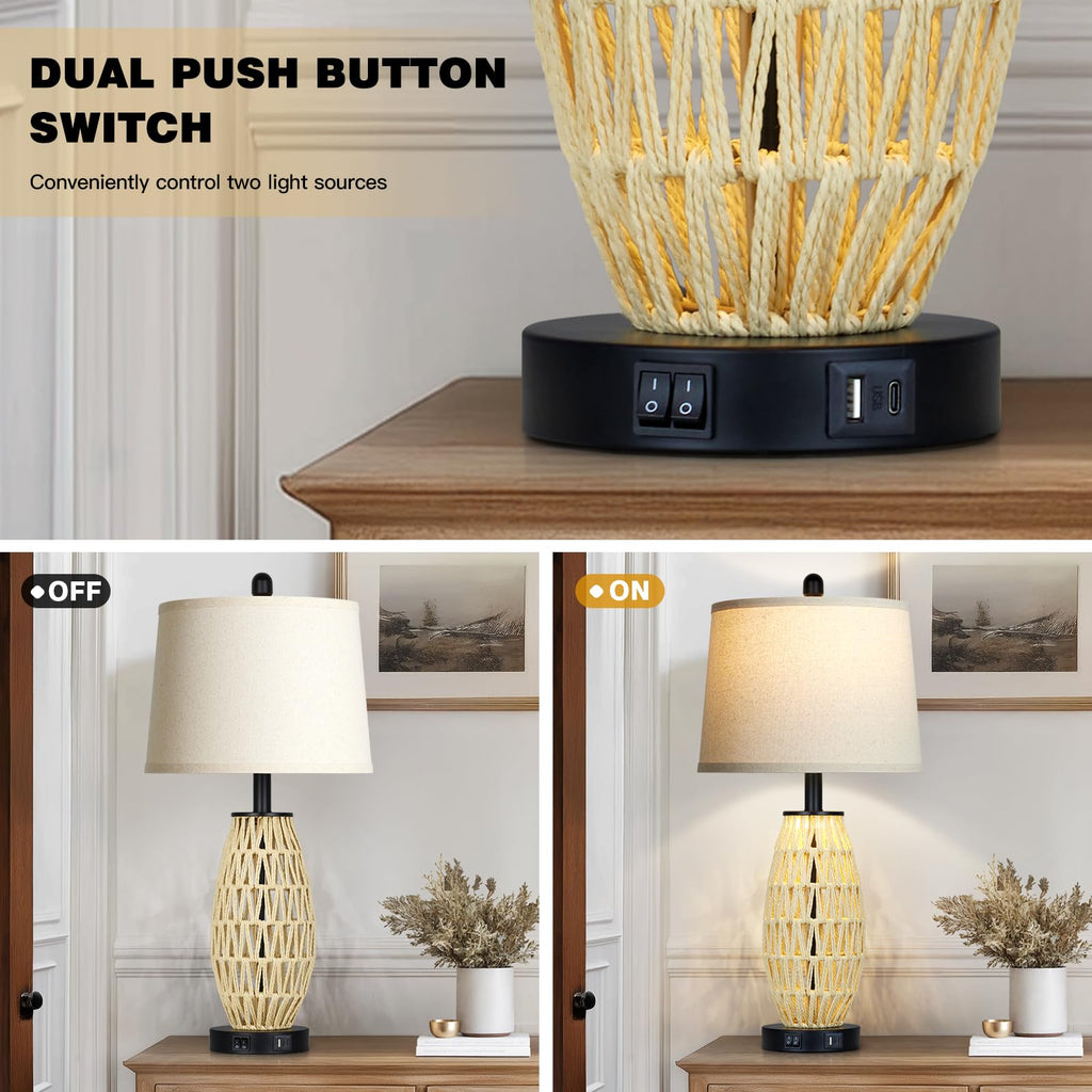 27" Beige Boho Rattan Table Lamps with Night Light, Natural Bedroom Lamps Set of 2 with USB A+C Charging Ports