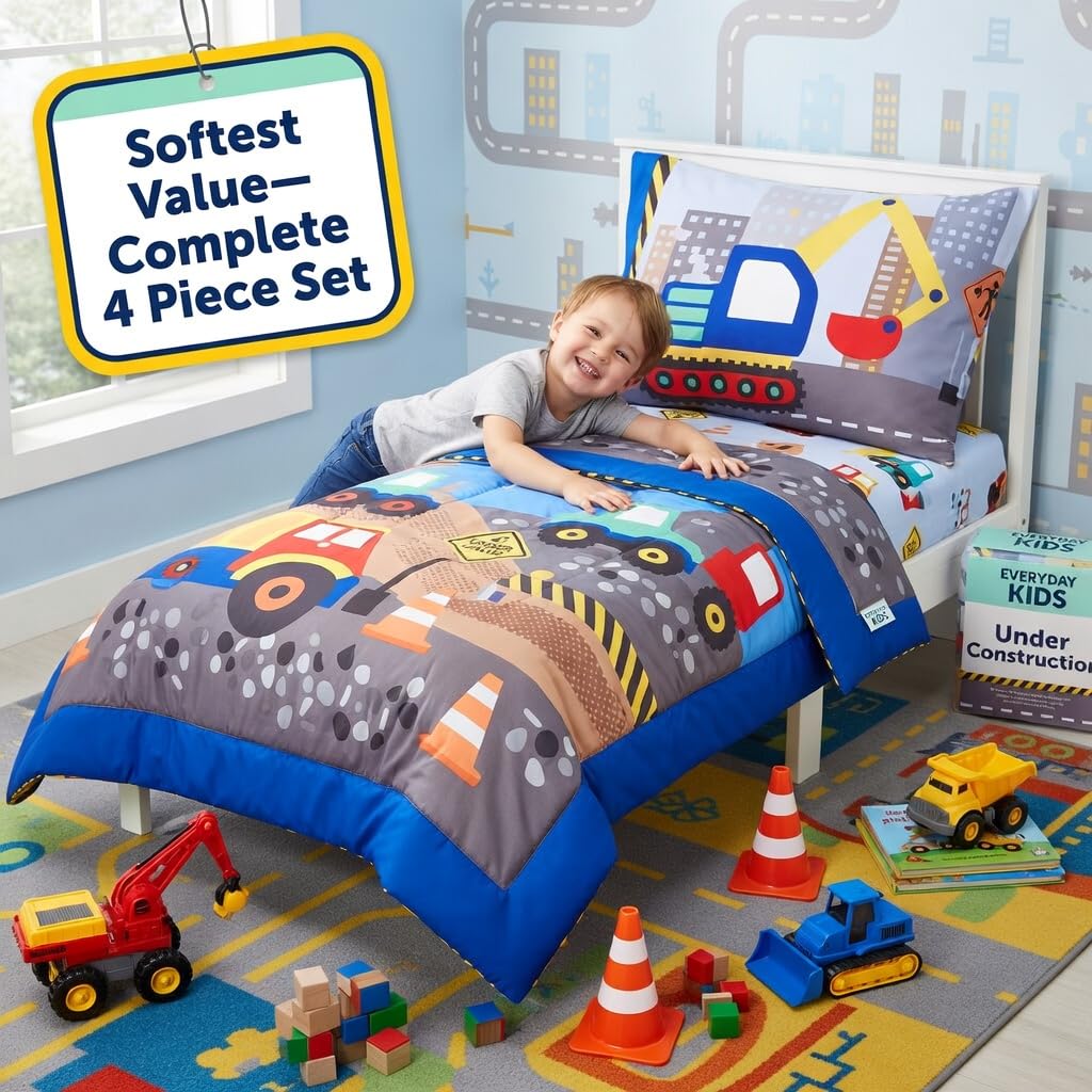 4 Piece Toddler Bedding Set - Under Construction - Includes Comforter, Flat Sheet, Fitted Sheet and Reversible