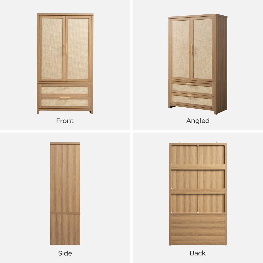 Rattan Armoire Wardrobe Closet, 71 inch Boho Wardrobe with Drawers