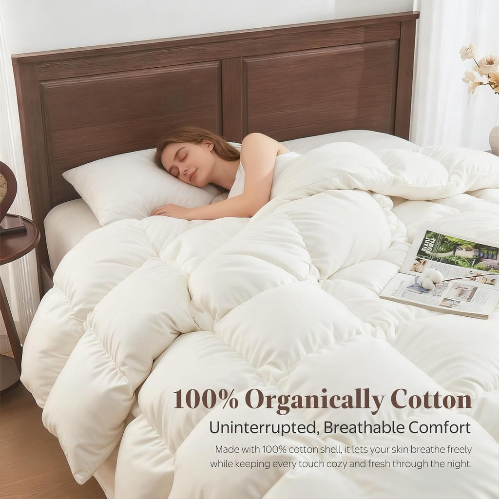 Goose Feather Down Fiber Comforter Queen - 100% Organic Cotton Shell All Season Duvet Insert, Medium