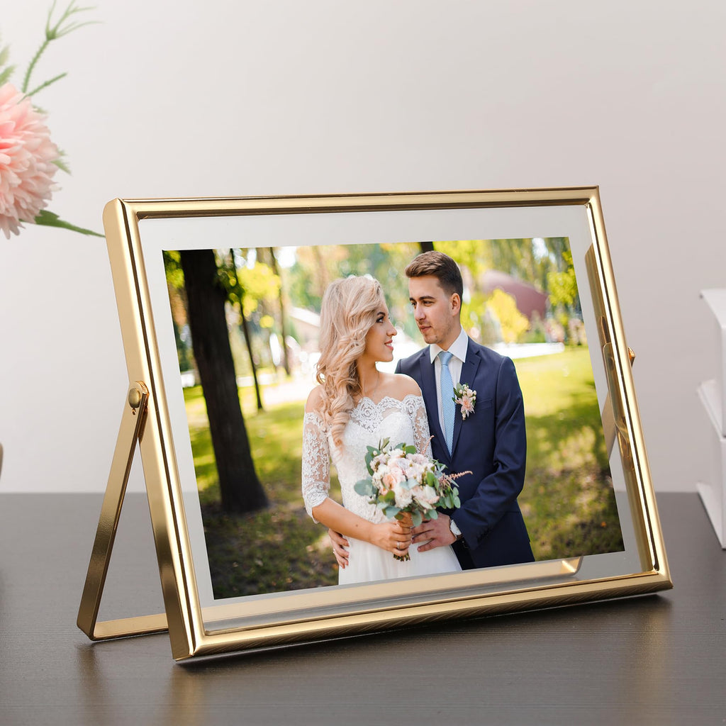 Gold 7x5 Floating Frame(Horizontal) 2pack for Photo Sizes(3.5x5'', 4x6''), Classy Gold Frames Tabletop/Shelf display