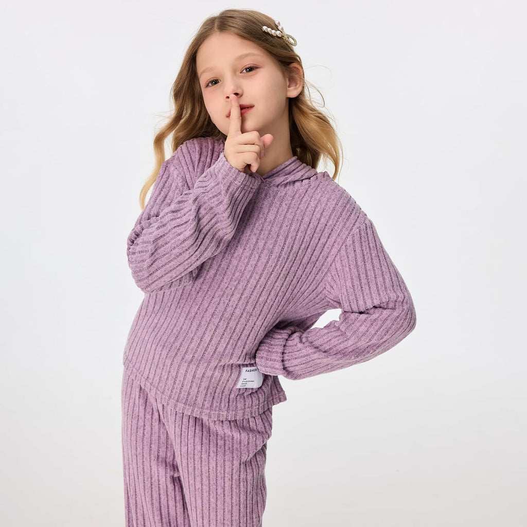 2 Pieces Outfits Lounge Set Knit Hoodies Flare Pants Sweatshirts and Sweatpants Kids Tracksuits