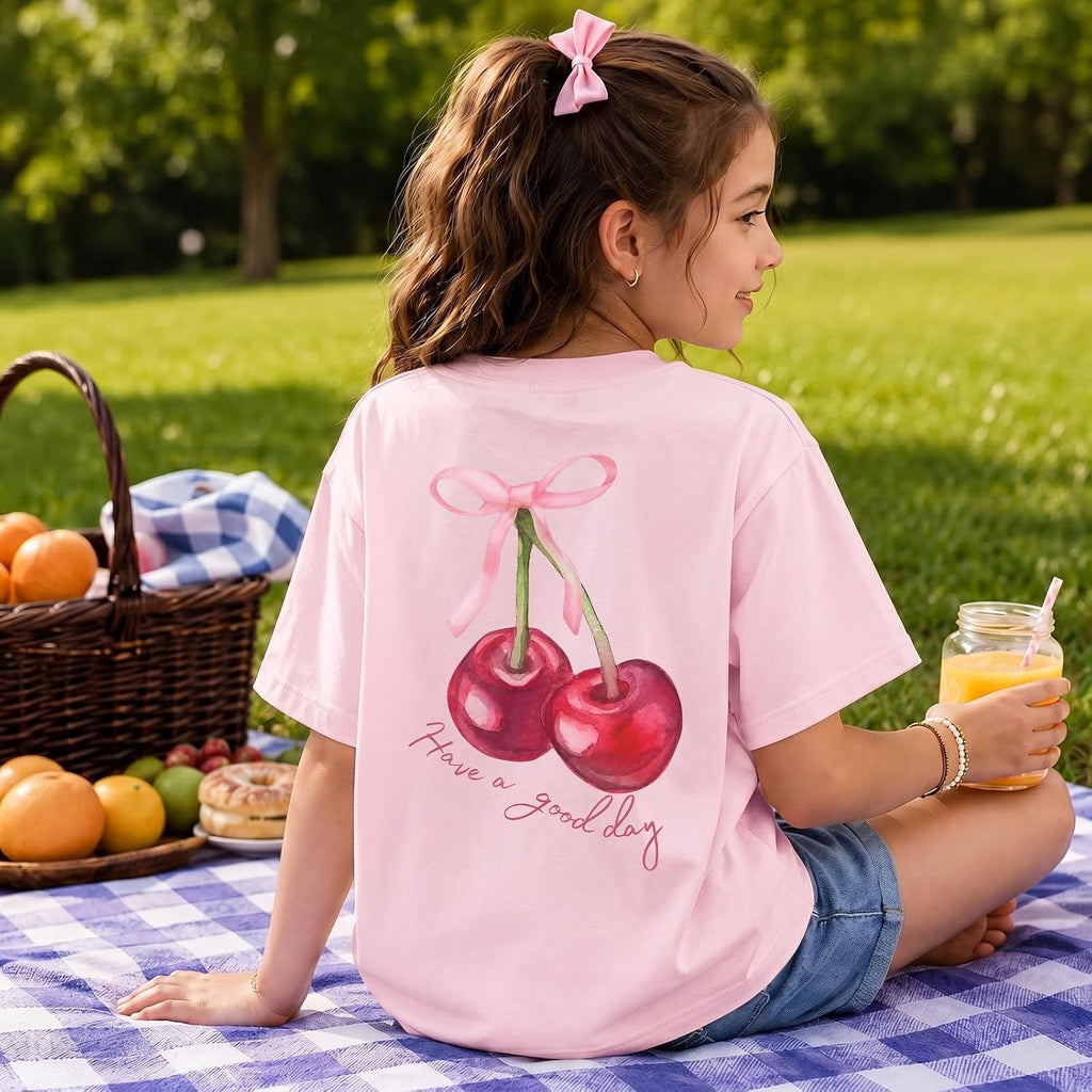 Girls Cute Graphic Tees Kids Bow Cherry Shirt Aesthetic Short Sleeve T Shirts Casual Summer Crew Neck Top Clothes